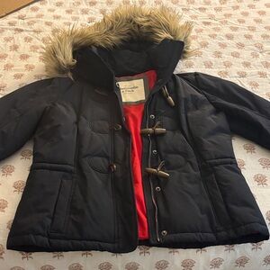 Abercrombie & Fitch Dark Navy Coat with Faux Fur Hood